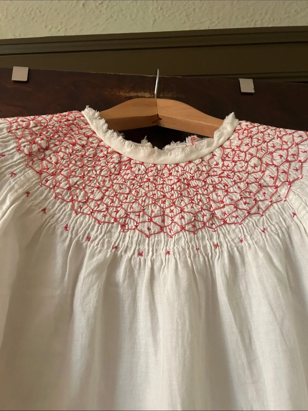 White Long-Sleeve Smocked Peasant Top with Pink Embroidery - Picture 2 of 10